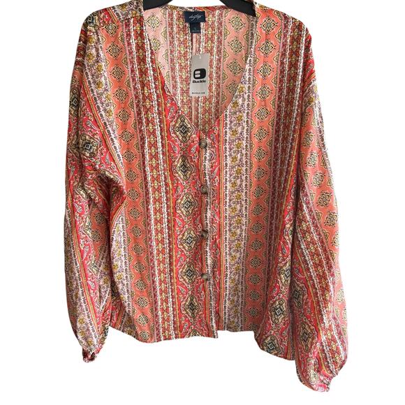 DAYTRIP by Buckle India Boho peaches and cream print button  blouse NWT SZ L - Picture 1 of 8
